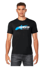 Young male model wearing a black Grand Prix Racewear T-shirt with blue and white logo, standing against a plain background.
