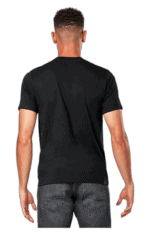 Back view of a young man wearing a black Grand Prix Racewear T-shirt, showcasing casual racing apparel.