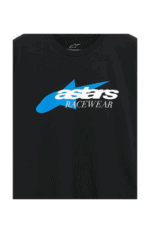 Black racewear T-shirt with Asars Racewear logo in blue and white, ideal for motorsport enthusiasts and race team members.