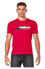 Young man wearing a red Grand Prix Racewear T-shirt with Astars logo, standing confidently against a plain background.