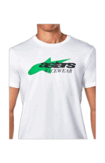 White racewear T-shirt with 'Stars Racewear' logo in green and black, designed for motorsport enthusiasts and racers.