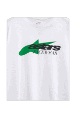 White racewear T-shirt with green and black 'Astars Racewear' logo, designed for motorsport enthusiasts and racers.