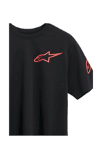 Black Alpinestars racing T-shirt with red logo and branding, designed for motorsport enthusiasts and racers.