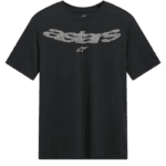 Black Alpinestars T-shirt with white logo, designed for motorsport enthusiasts, featuring breathable fabric and comfortable fit.