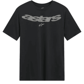 Black Alpinestars T-shirt with white logo, designed for motorsport enthusiasts, featuring breathable fabric and comfortable fit.