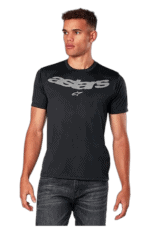 Young man wearing a black Grand Prix Racewear T-shirt with 'astars' logo, standing against a plain background.
