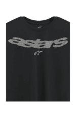Black racing T-shirt with white 'Alpinestars' logo and star graphic, ideal for motorsport enthusiasts and racewear fans.
