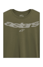 Green Alpinestars racing T-shirt with logo, ideal for motorsport enthusiasts and racewear fans.