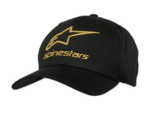 Black Alpinestars racing cap with gold logo and embroidery, designed for motorsport enthusiasts and racewear fans.