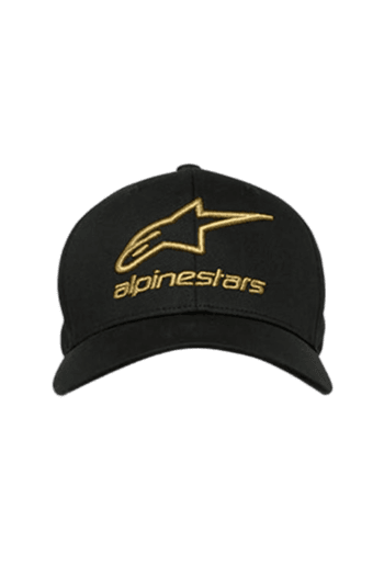 Black cap with gold embroidered Alpinestars logo, designed for motorsport enthusiasts and racing fans.