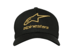 Black Alpinestars cap with gold embroidered logo and text, designed for motorsport enthusiasts.