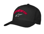 Black racing cap with pink 'Sparco' logo and white Alpinestars emblem, designed for motorsport enthusiasts.