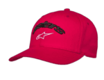 Red Grand Prix Racewear cap with black and white logo embroidery, featuring a curved brim and adjustable strap for motorsport enthusiasts.