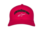 Red Alpinestars racing cap with black and white logo, designed for motorsport enthusiasts.