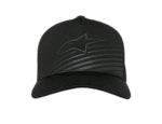 Black racing cap with Alpinestars logo, designed for motorsport enthusiasts and racewear fans.