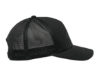 Black mesh trucker cap with curved brim, ideal for motorsport fans and racewear enthusiasts.