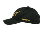 Black racing cap with gold Alpinestars logo and branding, ideal for motorsport enthusiasts and racewear fans.