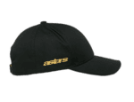 Black Grand Prix racing cap with gold 'astars' logo, designed for motorsport enthusiasts and racewear fans.
