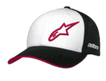 Grand Prix Racewear cap featuring a white front panel, black brim with red trim, and the Alpinestars logo in red on the front.