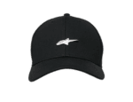Black racing cap with white Alpinestars logo, designed for motorsport enthusiasts and racewear fans.