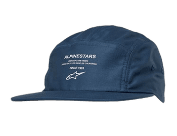 Alpinestars racing cap in navy blue with white logo and text, designed for motorsport enthusiasts and racewear fans.
