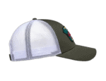 Green and white trucker cap with Grand Prix Racewear logo, mesh back, and curved brim, ideal for motorsport fans and racing enthusiasts.