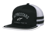 Alpinestars racing cap with black and white design, embroidered logo, and mesh back for ventilation.