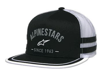 Alpinestars racing cap with black and white design, embroidered logo, and mesh back for ventilation.