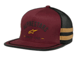 Maroon and black Alpinestars trucker cap with embroidered logo and text, featuring a mesh back for ventilation.