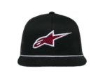 Black racing cap with Alpinestars logo in red and white, featuring a white stripe detail, ideal for motorsport enthusiasts and racewear fans.