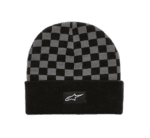 Black and grey checkered racing beanie hat with Alpinestars logo, ideal for motorsport enthusiasts.
