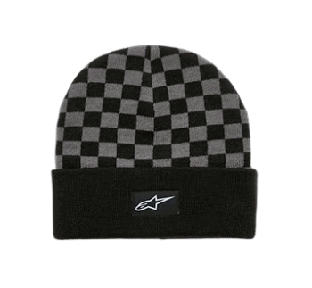 Black and grey checkered racing beanie hat with Alpinestars logo, ideal for motorsport enthusiasts.