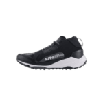 Alpinestars racing shoe for motorsport, black with white sole and logo, designed for safety and performance in Grand Prix racing.