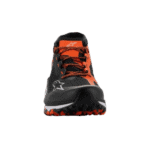 Alpinestars racing shoe in black and orange with detailed tread pattern, designed for motorsport safety and performance.