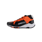 Alpinestars racing shoe in orange and black with white sole, designed for motorsport safety and performance.