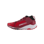 Red Alpinestars racing shoe with black and white sole, designed for motorsport safety and performance.