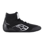 Alpinestars Supertech M10 racing shoe in black with white logo, designed for motorsport performance and safety.
