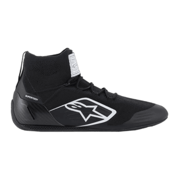 Alpinestars Supertech M10 racing shoe in black with white logo, designed for motorsport performance and safety.