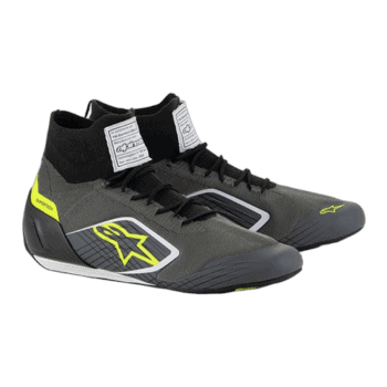 Black and grey racing shoes with yellow accents from Grand Prix Racewear, designed for motorsport enthusiasts.