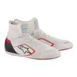 High-performance racing shoes from Grand Prix Racewear featuring a sleek white design with black and red accents, ideal for motorsport enthusiasts.