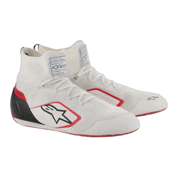 High-performance racing shoes from Grand Prix Racewear featuring a sleek white design with black and red accents, ideal for motorsport enthusiasts.