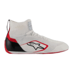 High-performance racing shoe from Grand Prix Racewear with white, black, and red design, featuring Alpinestars logo for motorsport enthusiasts.