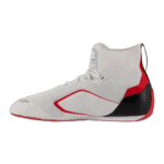 High-performance racing shoe from Grand Prix Racewear with white, red, and black design, featuring advanced grip and support for motorsport drivers.