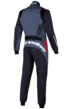 Grand Prix Racewear racing suit in black, grey, and red with protective padding, designed for motorsport safety and performance.