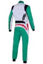Grand Prix Racewear racing suit in green, white, and black with Alpinestars logo, designed for motorsport enthusiasts and professional drivers.
