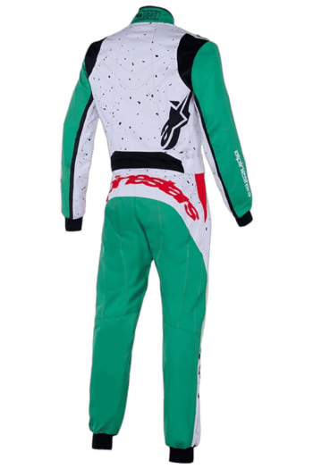Grand Prix Racewear racing suit in green, white, and black with Alpinestars logo, designed for motorsport enthusiasts and professional drivers.
