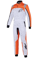 Grand Prix Racewear racing suit in white, orange, and black with Alpinestars logo, designed for motorsport safety and performance.