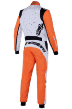 Grand Prix Racewear racing suit in white, black, and orange with Alpinestars logo, designed for motorsport safety and performance.