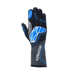 Black and blue Alpinestars racing glove with protective padding, designed for motorsport safety and performance.