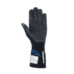 Black racing glove with protective padding and grip details, designed for motorsport safety and performance.